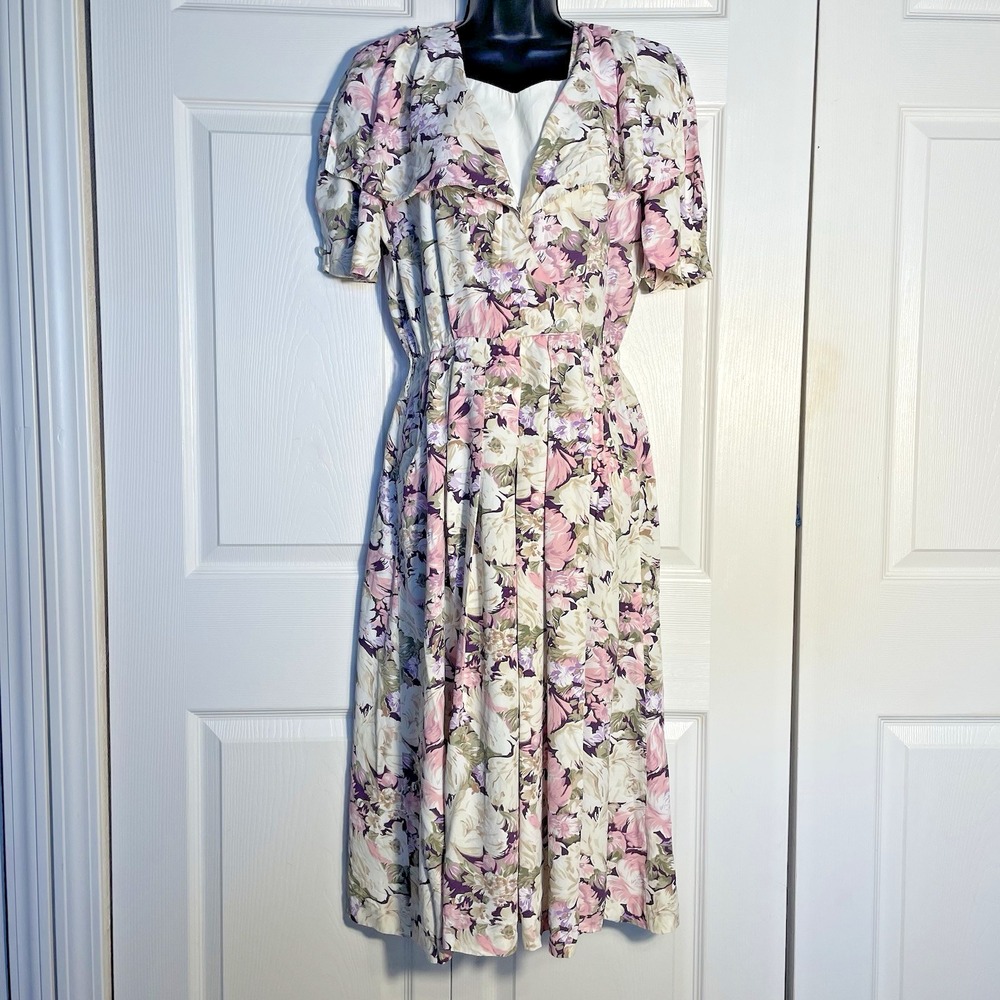 Vintage SL‎ FASHIONS Floral Midi Dress Womens 8 Pink Floral Puff Sleeve 80s Midi